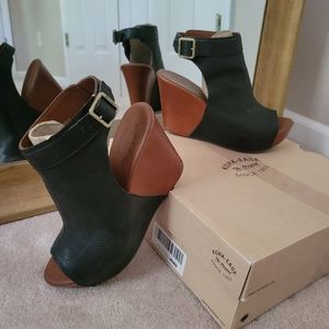 Korkease black leather and tan sole wedges